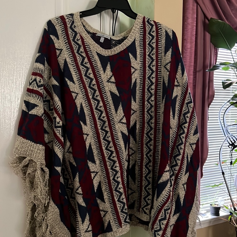 Blue and red sweater poncho